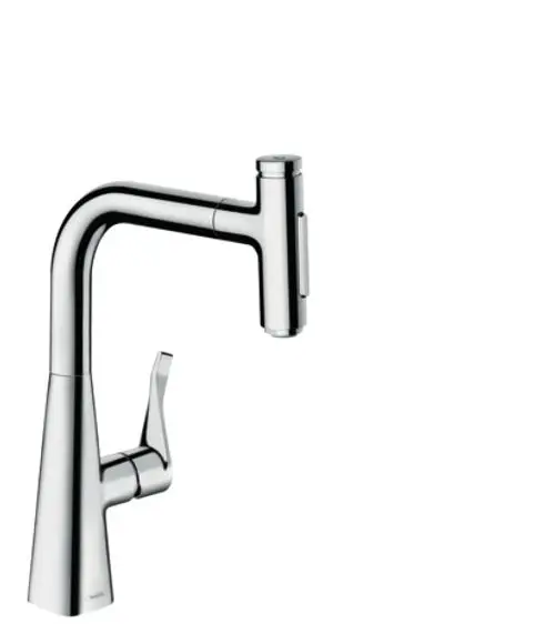 Chromfarbener Hansgrohe-Wasserhahn mit einem hohen, gebogenen Auslauf und einer integrierten Ausziehbrause, die zwei Strahlarten bietet.